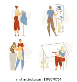 Smiling Man Sculptor Working in Studio. Woman Character with Fashion Designer. Guy Painting with Brush. Architect Engineering. Vector flat cartoon illustration