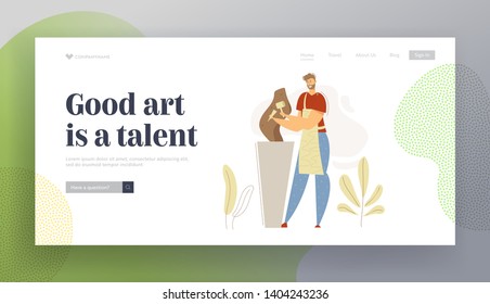 Smiling Man Sculptor Working in Studio Landing Page. Carver Profession Concept with Male Character with Tool Sculpting Workshop Website Banner. Vector flat cartoon illustration