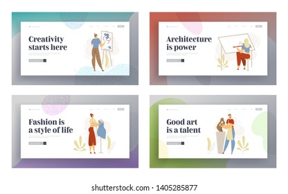 Smiling Man Sculptor Working in Studio Landing Page. Woman Character with Fashion Designer. Guy Painting with Brush. Architect Engineering Website Banner. Vector flat cartoon illustration