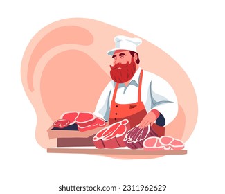 Smiling man selling fresh meat, vector 