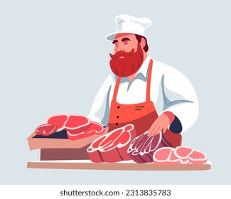 Smiling man selling fresh meat, vector illustration