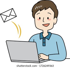 Smiling man sending an email
