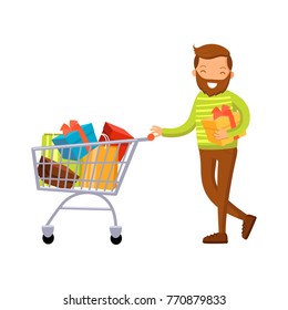 Smiling man with shopping cart full of purchases, male shopping in a mall cartoon vector Illustration