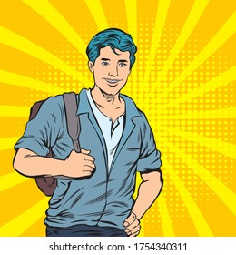 Smiling man, shoulder bag,Office worker concept. Pop art retro illustration comic Style Vector, Separate images of people from the background.