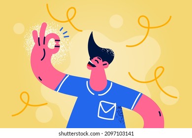 Smiling man show all right hand gesture feel positive and satisfied. Happy guy make okay sign. Overjoyed male demonstrate ok. Body language, nonverbal communication. Vector illustration. 