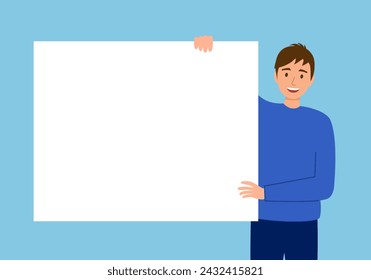 Hombre sonriente que muestra el banner vacío del espacio de la copia de la publicidad en diseño plano.