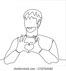 smiling man showing fingers heart shape. One continuous line art of a friendly kind guy showing a Korean sign of love (saranhe)