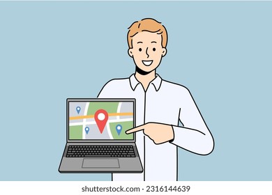 Smiling man showing location tag on map on computer screen. Happy male demonstrate GPS tracker on digital map on laptop. Vector illustration. 