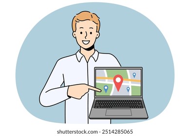 Homem sorridente mostrando a etiqueta de localização no mapa na tela do computador. Feliz masculino demonstrar GPS rastreador no mapa digital no laptop. Ilustração vetorial.