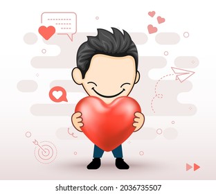 Smiling man showing love heart. Shy male character holding heart vector shape