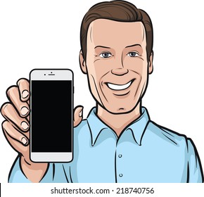 smiling man showing a mobile app on a smart phone