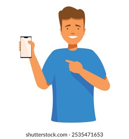 Smiling man showing modern mobile phone and pointing finger at empty display