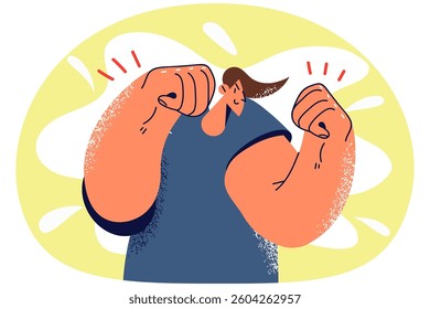 Smiling man showing power and strength demonstrate muscles. Happy guy feeling strong and powerful ready for fight or battle. Vector illustration.