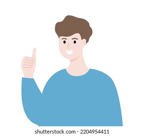 Lächelnder Mann zeigt Daumen auf Hand Geste. Genehmigung, Vereinbarung, Erfolg, Bewertung, Positive Opinion Concept. Flache Cartoon-Charakter, Vektorgrafik einzeln auf weißem Hintergrund.