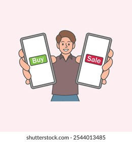 hombre sonriente que muestra dos móviles con Botones de compra y venta en la Ilustración vectorial de la pantalla del teléfono