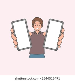 smiling man showing two mobiles with blank phone screen vector illustration