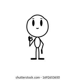 Smiling man shows ok sign, cartoon character. Vector line illustration on a white background.