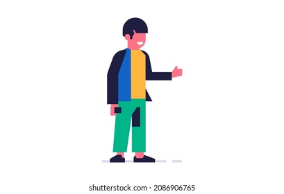 Smiling man shows thumbs up and holds the phone in his other hand. Happy man and like symbol. Flat vector illustration isolated on background