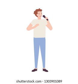 Smiling man singer, rock or pop vocalist wearing jeans and t-shirt and singing in microphone. Cute funny male cartoon character performing song on stage. Flat cartoon colorful vector illustration.