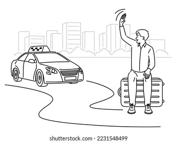 Smiling man sit on suitcase wave to taxi driver. Happy male passenger or traveler waving to cab on road. Vector illustration. 