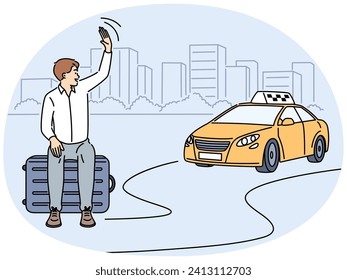 Smiling man sit on suitcase wave to taxi driver. Happy male passenger or traveler waving to cab on road. Vector illustration.