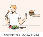 Smiling man sit at table eating healthy food refuse from fastfood. Happy guy enjoy vegetarian dinner say no to tasty hamburger. Diet and nutrition. Vector illustration. 