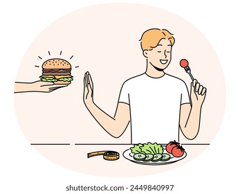 Smiling man sit at table eating healthy food refuse from fastfood. Happy guy enjoy vegetarian dinner say no to tasty hamburger. Diet and nutrition. Vector illustration.