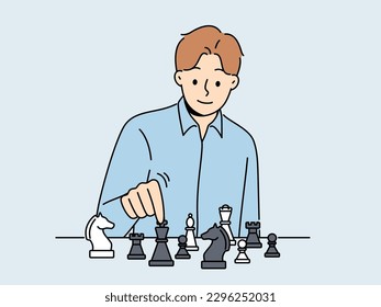 Smiling man sit at table play chess. Happy businessman enjoy game on chessboard. Hobby and leisure time. Strategy and planning. Vector illustration. 