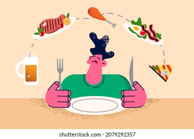 Smiling man sit at table in restaurant think of variety of food to order. Happy hungry guy client choose dish from menu to eat in cafe or bar. Nutrition, eating habit concept. Vector illustration. 