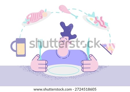 Smiling man sit at table in restaurant think of variety of food to order. Happy hungry guy client choose dish from menu to eat in cafe or bar. Nutrition, eating habit concept. Vector illustration.