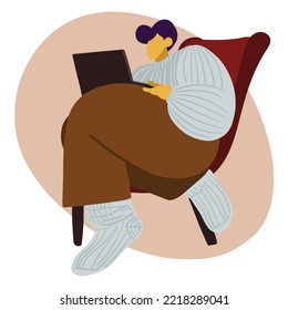 A smiling man sits with a laptop on an armchair with his legs crossed. He is dressed in a warm and cozy sweater and socks. Illustration about work, study from home in comfort and coziness