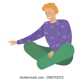Smiling man sits on floor vector illustration. Guy sitting on floor reaches out for something. Male character sits with his legs tucked and looks forward. Person on floor isolated on white background
