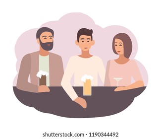 Smiling man sitting at bar counter with friends and drinking beer and cocktails. Male character spending time with mates. Daily life scene. Colorful vector illustration in flat cartoon style.