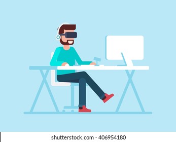 Smiling man sitting in a chair and using virtual reality headset. Vector flat design illustration