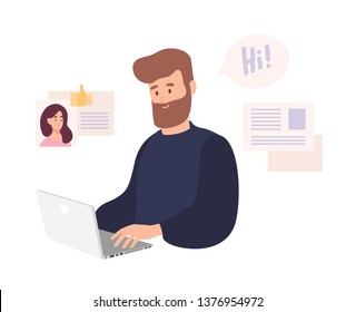 Smiling Man Sitting At Computer And Using Dating Website To Chat Or Searching For Girlfriend On Internet. Cute Bearded Guy Trying To Find Romantic Partner Online. Flat Cartoon Vector Illustration.