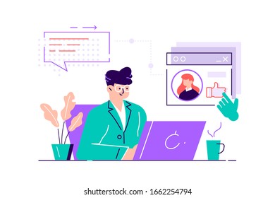 Smiling man sitting at computer and using dating website to chat or searching for girlfriend on internet. Cute bearded guy trying to find romantic partner online.Flat style cartoon vector illustration