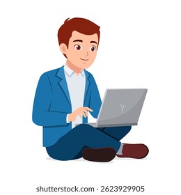 Smiling Man Sitting Cross Legged Using Laptop Computer for Working at Home with Happy Expression