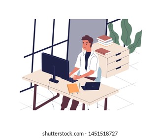 Smiling man sitting at desk and working on computer in modern office. Male employee or clerk at workplace. Daily routine, everyday life of young professional. Flat cartoon vector illustration.