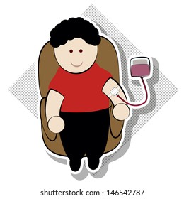 smiling man sitting donating blood, white background.