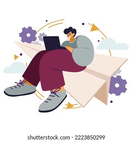 Smiling man sitting and flying on paper plane with his laptop. Concept of freelance, new startup launch, business ideas, leadership, online booking of plane tickets