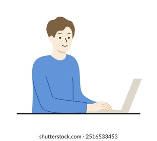 Smiling man sitting in front of laptop working. Business, technology, leisure, lifestyle, communication concept. Flat character vector design isolated illustration.