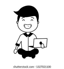 smiling man sitting with laptop