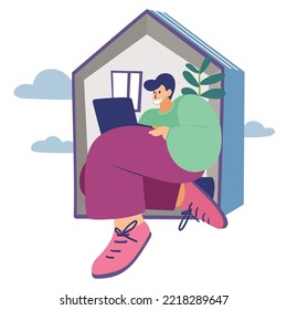 Smiling man sitting with laptop in house, working, studying. The concept of online education, remote work, freelance, self isolation