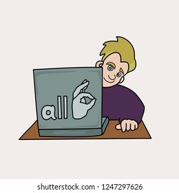 Smiling man sitting with laptop vector illustration
