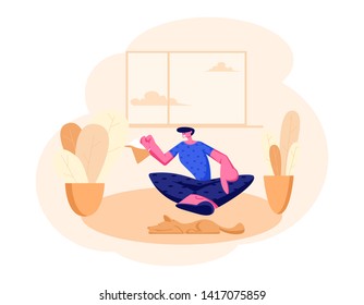 Smiling Man Sitting on Floor with Tea Pot in Hands at Home Domestic Interior. Male Character Having Leisure, Sparetime, Relaxing or Chatting with Friend, Hospitality. Cartoon Flat Vector Illustration