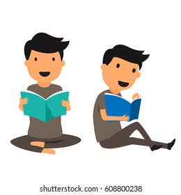 Smiling man sitting on a floor and reading a book isolated, cartoon education concept vector illustration.