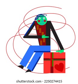 ein lächelnder Mann sitzt auf einer Geschenkbox. süße verspielte Vektorgrafik.