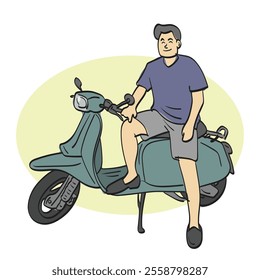 smiling man sitting on his bike illustration vector hand drawn isolated on white background