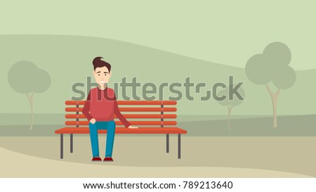 A smiling man is sitting on a park bench. Vector flat illustration.