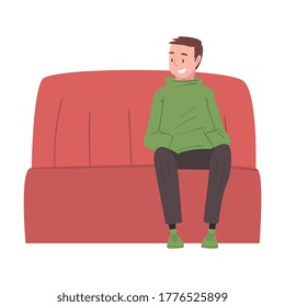 Smiling Man Sitting on Sofa, Cafe Visitor Character Vector Illustration
